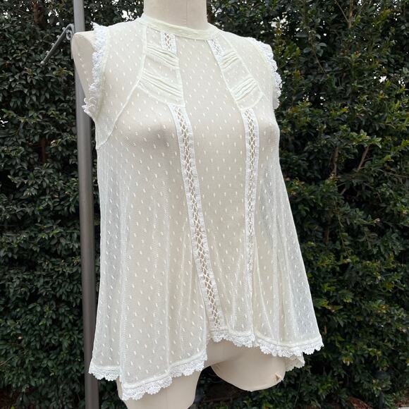 Free People Fiona Victorian Mesh Lace Cream Fairy Top XS Boho - Picture 2 of 8